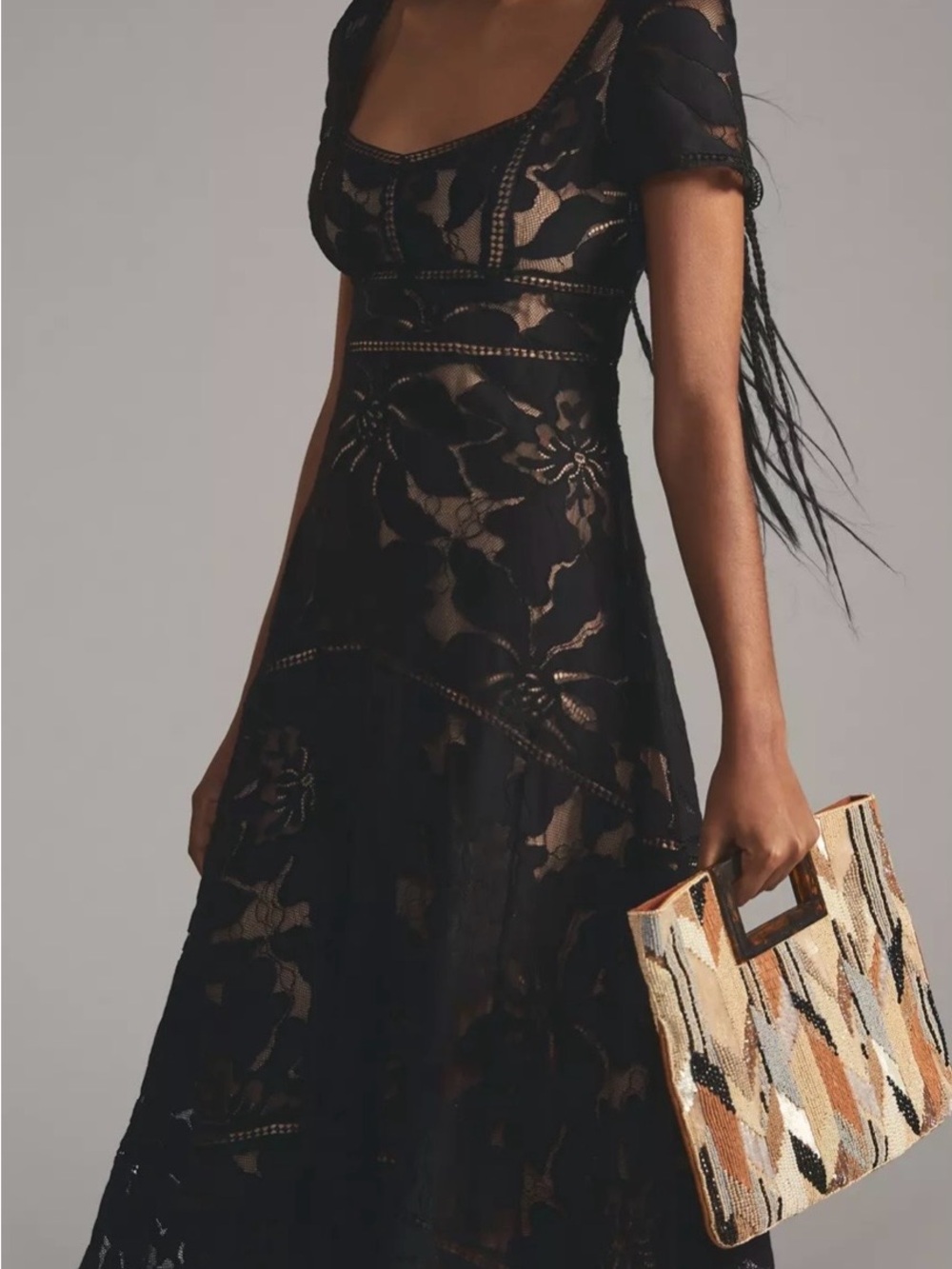 Anthropologie Black Lace Midi Dress